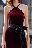 Burgundy Halter A Line Velvet Bowed Holiday Party Dress