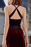 Burgundy Halter A Line Velvet Bowed Holiday Party Dress