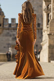 Caramel Velvet Long Sleeve Ruffled Holiday Party Dress