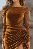 Caramel Velvet Long Sleeve Ruffled Holiday Party Dress