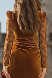 Caramel Velvet Long Sleeve Ruffled Holiday Party Dress