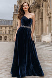 One Shoulder Velvet A Line Beaded Navy Formal Dress