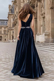One Shoulder Velvet A Line Beaded Navy Formal Dress