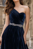 One Shoulder Velvet A Line Beaded Navy Formal Dress