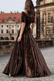 Brown Short Sleeve A Line Velvet Formal Dress