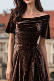 Brown Short Sleeve A Line Velvet Formal Dress
