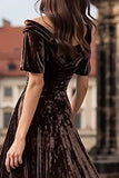 Brown Short Sleeve A Line Velvet Formal Dress