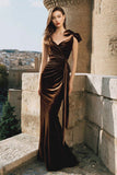 Brown Mermaid Velvet V Neck Holiday Party Dress with Bows