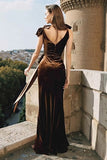 Brown Mermaid Velvet V Neck Holiday Party Dress with Bows