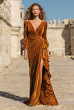Long Sleeve Caramel Velvet V Neck Holiday Party Dress