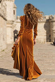 Long Sleeve Caramel Velvet V Neck Holiday Party Dress