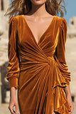 Long Sleeve Caramel Velvet V Neck Holiday Party Dress