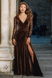 Long Sleeve Brown A Line Velvet Holiday Party Dress