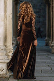 Long Sleeve Brown A Line Velvet Holiday Party Dress