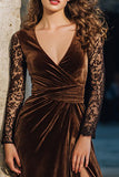 Long Sleeve Brown A Line Velvet Holiday Party Dress