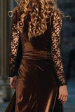 Long Sleeve Brown A Line Velvet Holiday Party Dress