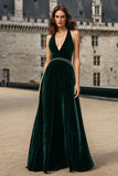 Halter Beaded A Line Dark Green Velvet Holiday Party Dress