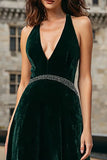 Halter Beaded A Line Dark Green Velvet Holiday Party Dress