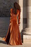 Long Sleeve V Neck Caramel Velvet Holiday Party Dress