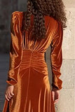 Long Sleeve V Neck Caramel Velvet Holiday Party Dress