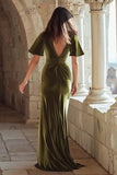 Velvet Sheath Olive Short Sleeve V Neck Holiday Party Dress