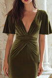 Velvet Sheath Olive Short Sleeve V Neck Holiday Party Dress
