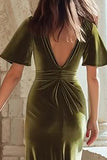 Velvet Sheath Olive Short Sleeve V Neck Holiday Party Dress