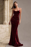 Burgundy Spaghetti Straps Velvet Mermaid Formal Dress