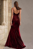Burgundy Spaghetti Straps Velvet Mermaid Formal Dress
