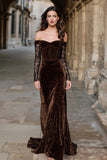 Brown Velvet Lace Off the Shoulder Holiday Party Dress