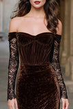 Brown Velvet Lace Off the Shoulder Holiday Party Dress