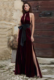 Halter Cut Out Burgundy Bowed A Line Holiday Party Dress