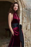 Halter Cut Out Burgundy Bowed A Line Holiday Party Dress
