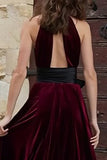 Halter Cut Out Burgundy Bowed A Line Holiday Party Dress