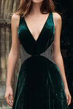 Dark Green A Line Velvet Holiday Party Dress with Rhinestones