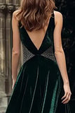 Dark Green A Line Velvet Holiday Party Dress with Rhinestones