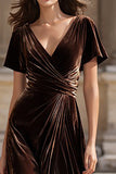 Brown Velvet A Line Short Sleeve Holiday Party Dress
