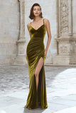 Olive Velvet Sheath Spaghetti Straps Formal Dress