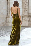 Olive Velvet Sheath Spaghetti Straps Formal Dress