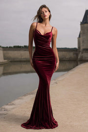Velvet Spaghetti Straps Burgundy Mermaid Formal Dress