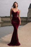 Velvet Spaghetti Straps Burgundy Mermaid Formal Dress