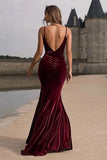 Velvet Spaghetti Straps Burgundy Mermaid Formal Dress