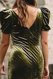 Olive Velvet Short Sleeve V Neck Holiday Party Dress