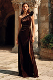 One Shoulder Velvet Brown A Line Holiday Party Dress
