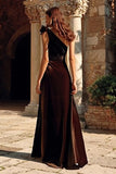 One Shoulder Velvet Brown A Line Holiday Party Dress