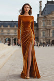 Long Sleeve Bateau Neck Caramel Velvet Formal Dress
