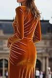 Long Sleeve Bateau Neck Caramel Velvet Formal Dress