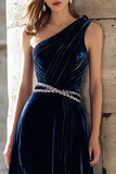 Navy A Line One Shoulder Velvet Beaded Holiday Party Dress