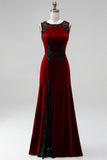 Burgundy Round Neck Velvet Holiday Party Dress with Appliques