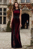 Burgundy Round Neck Velvet Holiday Party Dress with Appliques